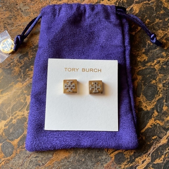 TORY BURCH MILLER LOGO GOLD/SILVER TONE STUD EARRINGS NEW WITH GIFT BAG - Picture 3 of 8